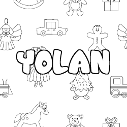 Coloriage pr&eacute;nom YOLAN - d&eacute;cor Jouets