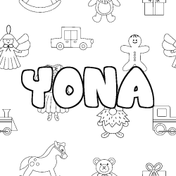 Coloriage pr&eacute;nom YONA - d&eacute;cor Jouets