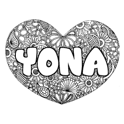 Coloriage pr&eacute;nom YONA - d&eacute;cor Mandala coeur