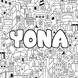 Coloriage prénom YONA - décor Ville