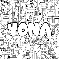 Coloriage pr&eacute;nom YONA - d&eacute;cor Ville