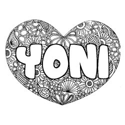 Coloriage pr&eacute;nom YONI - d&eacute;cor Mandala coeur