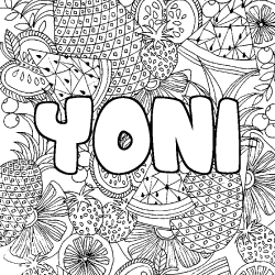 Coloriage pr&eacute;nom YONI - d&eacute;cor Mandala fruits