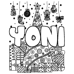 Coloriage prénom YONI - décor Sapin et Cadeaux
