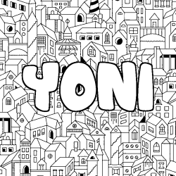 Coloriage pr&eacute;nom YONI - d&eacute;cor Ville