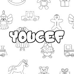 Coloriage pr&eacute;nom YOUCEF - d&eacute;cor Jouets