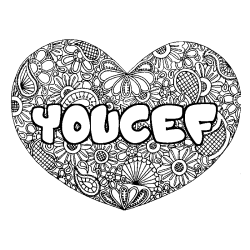 Coloriage pr&eacute;nom YOUCEF - d&eacute;cor Mandala coeur
