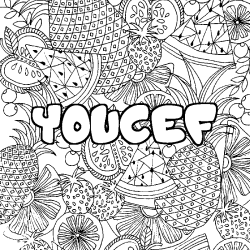 Coloriage pr&eacute;nom YOUCEF - d&eacute;cor Mandala fruits
