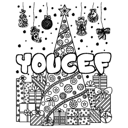 Coloriage pr&eacute;nom YOUCEF - d&eacute;cor Sapin et Cadeaux