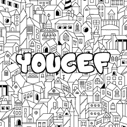 Coloriage pr&eacute;nom YOUCEF - d&eacute;cor Ville