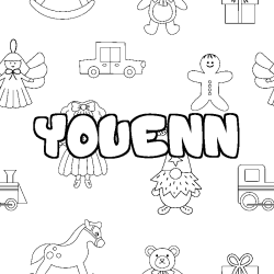 Coloriage pr&eacute;nom YOUENN - d&eacute;cor Jouets