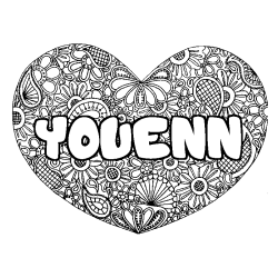 Coloriage pr&eacute;nom YOUENN - d&eacute;cor Mandala coeur