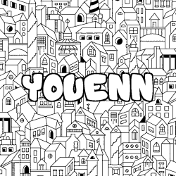 Coloriage pr&eacute;nom YOUENN - d&eacute;cor Ville