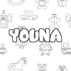 Coloriage prénom YOUNA - décor Jouets