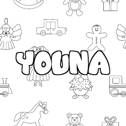 Coloriage pr&eacute;nom YOUNA - d&eacute;cor Jouets
