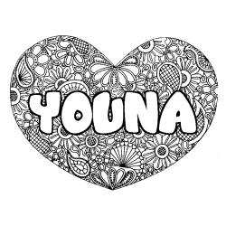 Coloriage prénom YOUNA - décor Mandala coeur