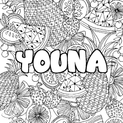 Coloriage prénom YOUNA - décor Mandala fruits