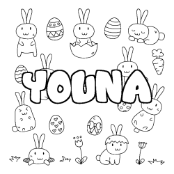 Coloriage pr&eacute;nom YOUNA - d&eacute;cor Paques