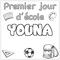 Coloriage pr&eacute;nom YOUNA - d&eacute;cor Premier jour d'&eacute;cole