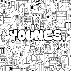 Coloriage pr&eacute;nom YOUNES - d&eacute;cor Ville