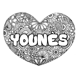 Coloriage pr&eacute;nom YOUN&Egrave;S - d&eacute;cor Mandala coeur
