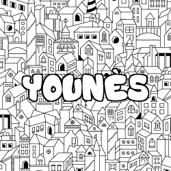 Coloriage pr&eacute;nom YOUN&Egrave;S - d&eacute;cor Ville