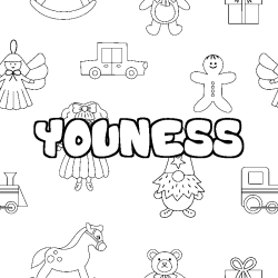 Coloriage pr&eacute;nom YOUNESS - d&eacute;cor Jouets