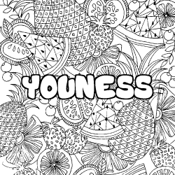 Coloriage pr&eacute;nom YOUNESS - d&eacute;cor Mandala fruits