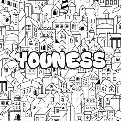 Coloriage pr&eacute;nom YOUNESS - d&eacute;cor Ville