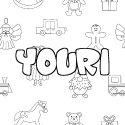 Coloriage pr&eacute;nom YOURI - d&eacute;cor Jouets