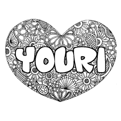 Coloriage pr&eacute;nom YOURI - d&eacute;cor Mandala coeur