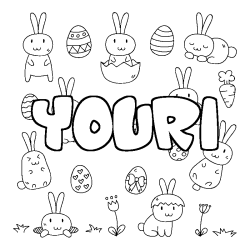 Coloriage pr&eacute;nom YOURI - d&eacute;cor Paques