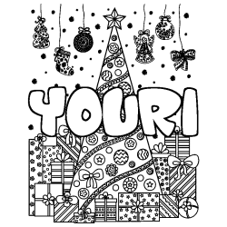 Coloriage pr&eacute;nom YOURI - d&eacute;cor Sapin et Cadeaux