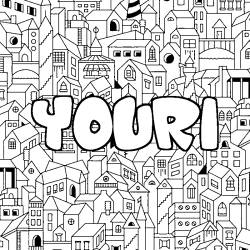 Coloriage pr&eacute;nom YOURI - d&eacute;cor Ville