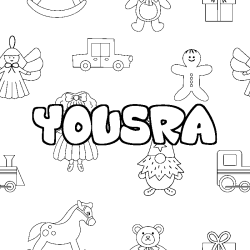 Coloriage prénom YOUSRA - décor Jouets