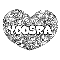 Coloriage prénom YOUSRA - décor Mandala coeur
