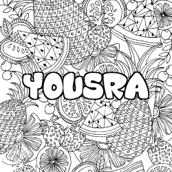 Coloriage prénom YOUSRA - décor Mandala fruits