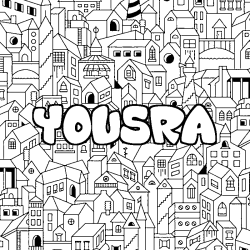 Coloriage prénom YOUSRA - décor Ville
