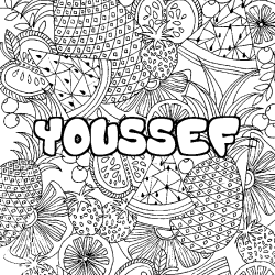 Coloriage pr&eacute;nom YOUSSEF - d&eacute;cor Mandala fruits