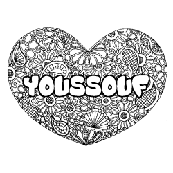 Coloriage pr&eacute;nom YOUSSOUF - d&eacute;cor Mandala coeur