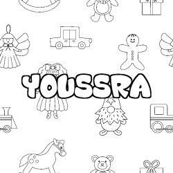 Coloriage prénom YOUSSRA - décor Jouets