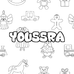 Coloriage pr&eacute;nom YOUSSRA - d&eacute;cor Jouets