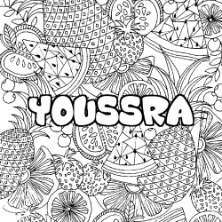 Coloriage pr&eacute;nom YOUSSRA - d&eacute;cor Mandala fruits