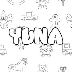 Coloriage prénom YUNA - décor Jouets