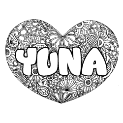 Coloriage prénom YUNA - décor Mandala coeur