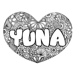 Coloriage pr&eacute;nom YUNA - d&eacute;cor Mandala coeur