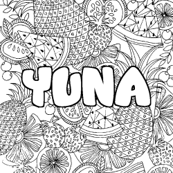 Coloriage prénom YUNA - décor Mandala fruits