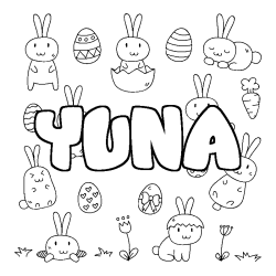 Coloriage prénom YUNA - décor Paques