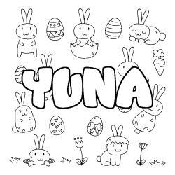 Coloriage pr&eacute;nom YUNA - d&eacute;cor Paques