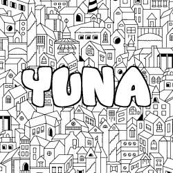 Coloriage pr&eacute;nom YUNA - d&eacute;cor Ville